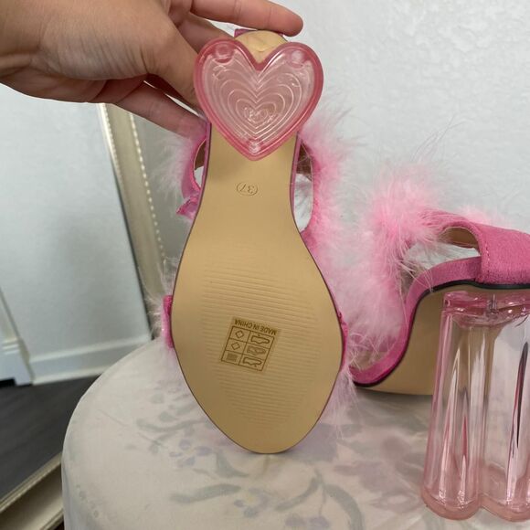 Light Pink Feather Fluffy Wrap Around Heart Block High Heels EU 37 / US 6.5 - Picture 4 of 7